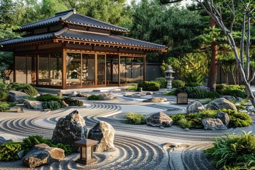 A serene Japanese Zen garden featuring meticulous sand patterns, stones, trees, and traditional architecture. AIG59