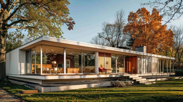 A beautifully preserved Mid-Century Modern glass house surrounded by vibrant fall foliage and greenery. AIG59