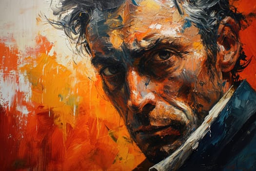The colourful picture that painted with poster colour art style that about the young or adult human that is looking or staring into something with the serious expression straight angry face. AIGX03.