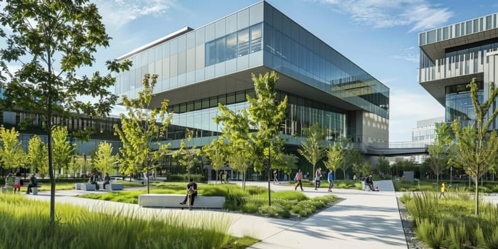 Students enjoy a modern campus with lush greenery, clear skies, and sleek architecture under the bright sun AIG59