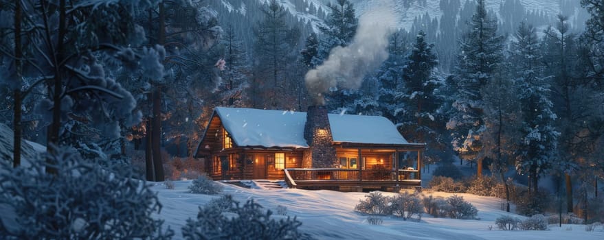 A cozy mountain cabin hides in a snowy forest with a grand mountain in the background, creating a picturesque scenery AIG59