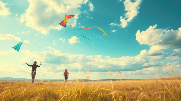 A group of people are flying kites in a grassy field under the azure sky with fluffy cumulus clouds floating in the atmosphere. AIG41