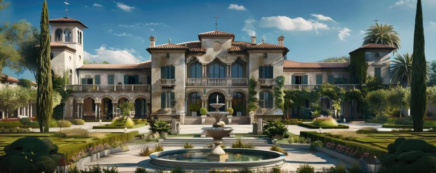 Luxurious mansion with ornate architecture, manicured gardens, and grand fountains in the courtyard. AIG59
