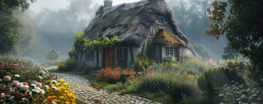 Charming rustic cottage with thatched roof, vibrant flowers, and serene garden under foggy morning light. AIG59