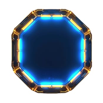 Abstract frame of mysterious geometric shape portal with digital style neon light reflecting set against dark tone background, create futuristic visual ideal for design science fiction cover. AIG35.