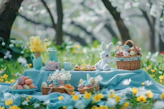 Family picnic set with dessert and hot tea placed surrounded with cheery blossom blooming at garden in spring season. Food and sweet on picnic blanket and prepare for spending time together. AIG42.