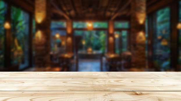 Foreground featuring pristine wooden table, set against blurred backdrop of bustling restaurant at night. The table offers an excellent space for placing food-related advertisements or displays.