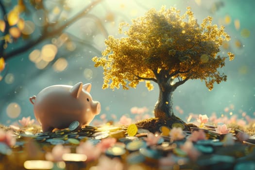 An image of little cute pink piggy bank placed near tree growing with coin scattering at the ground. Close up of piggy bank represented investment and financial advice. Saving money concept. AIG42.