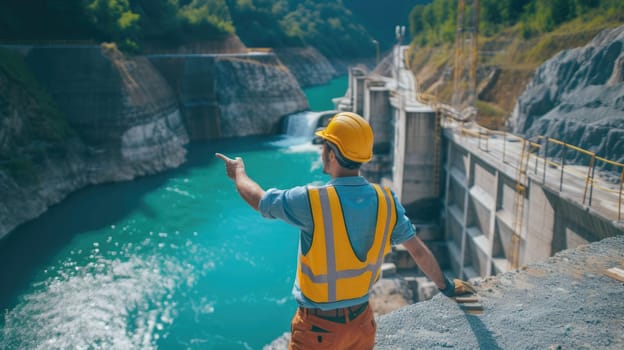 Smart civil engineer pointing at dam surrounded with nature and mountain. Professional architect wearing safety helmet and checking, inspecting construction while looking at dam water release. AIG42.