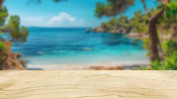 Sunny tropical beach in summer forms a blurred background for an empty wooden table, perfect for displaying summer products and conducting presentations on the table.