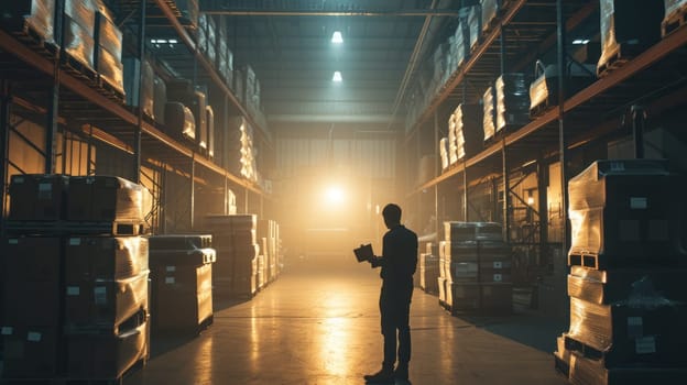 Professional warehouse worker checking and inspecting product quality at storage. Engineer working and listing product box while holding check list or chart board and standing at warehouse. AIG42.
