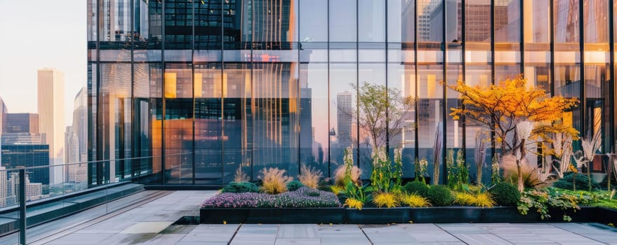 A contemporary rooftop garden overlooking the urban skyline on a bright, sunny day, featuring greenery and seating. AIG59