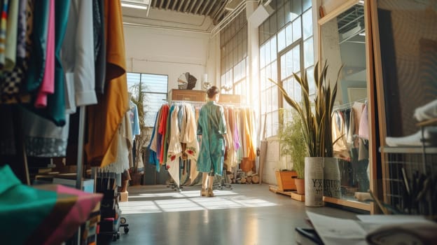 A woman stands in an art-filled room surrounded by clothes, creating a visually striking scene. AIG41
