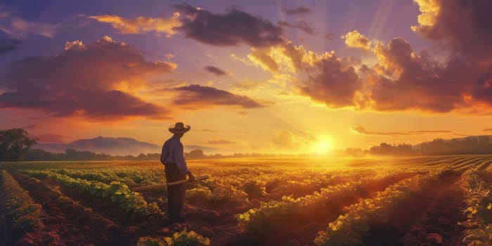 Professional farmer working while planting and checking crop at farm. Skilled agricultural worker walking at sunset or dawn while harvesting the crop and taking care crop at vegetable plot. AIG42.