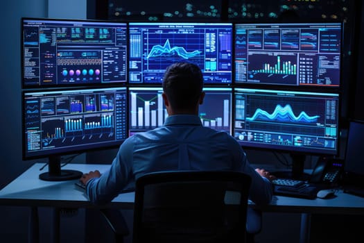 Worker looking at customer behavior chart while analyzing at computer and planning marketing strategy. Professional business man working while using financial graph and think about campaign. AIG42.