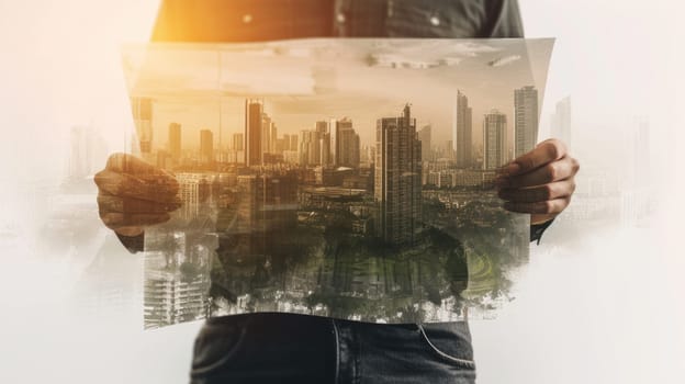 Professional civil engineer holding project plan with double exposure with building. Skilled architect and interior designer reading blueprint and standing while inspect with cityscape view. AIG42.