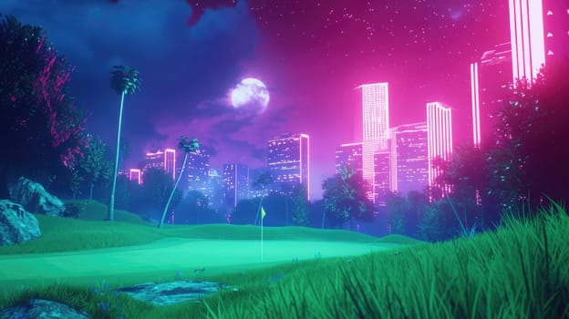 Golf course landscape in video game with neon color in grass lawn at visual reality world. Grass lawn with water pond with flag and preparing for playing golf at golf field. Sport activity. AIG42.