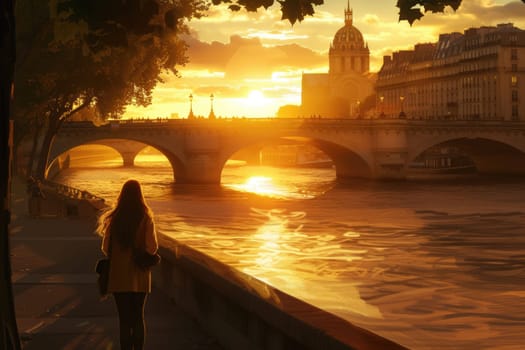 Female tourist with long hair walking along the river in sunset while impress a beautiful tourist attention. Back view of attractive woman looking and taking a photo or recording the video. AIG42.