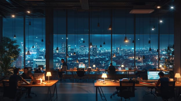 A gathering of individuals occupies office desks in a building during nighttime. The room features water fixtures, tables, and glass elements. AIG41