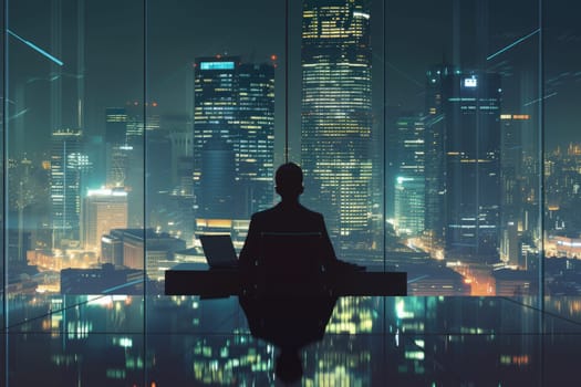 Professional business man working while using computer at night office. Skilled smart project manager looking at laptop while planning marketing strategy at modern office with skyscraper view. AIG42.