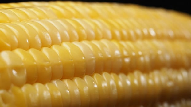 A close up view of fresh corn reveals a golden yellow kernel with against a black background. This plump and nutrient-rich gem boasts a glossy sheen, hinting at its sweet and buttery. Comestible.