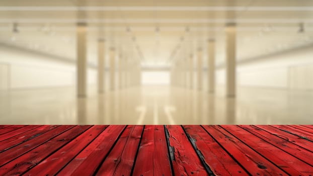 Empty wood table top with blur background of large hallway in office or factory. The table giving copy space for placing advertising product on the table along with beautiful hall background.