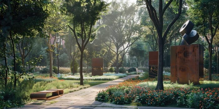 A contemporary sculpture in an urban garden surrounded by lush greenery creates a serene atmosphere AIG59