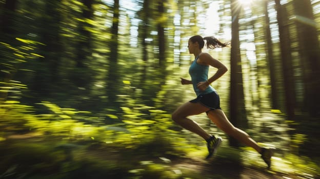 A woman wearing shorts is running through a forest trail surrounded by terrestrial plants, trees, and grass in a natural landscape. AIG41