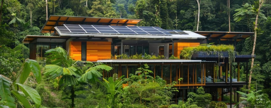 A modern ecofriendly house in lush rainforest has solar panels, sustainable design amidst nature and wildlife AIG59