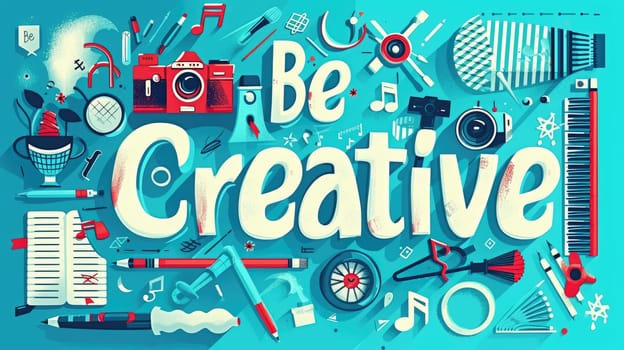 The letter of be creative in variant texture with bright light colorful color with making or constructing with musical element and art equipment with 3D design. Recreation concept. Lettering. AIG42.