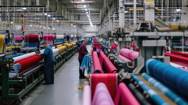 A photo of interior of woven factory with machine working while waving cloth. A machines stand sentinel, their mechanical arms reaching out with precision to manipulate threads and yarns. AIG42.