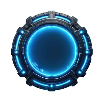 Abstract frame of mysterious geometric shape portal with digital style neon light reflecting set against dark tone background, create futuristic visual ideal for design science fiction cover. AIG35.