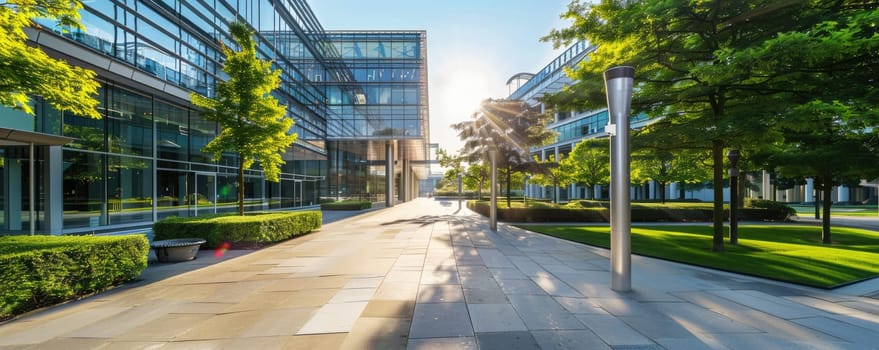The corporate office boasts a sleek exterior with glass walls and a landscaped pathway, set under a bright blue sky AIG59