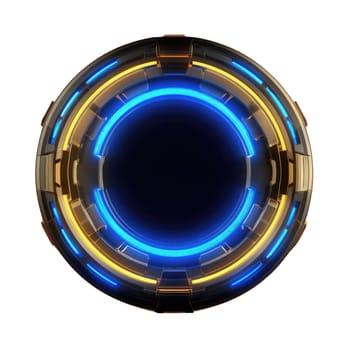 Abstract frame of mysterious geometric shape portal with digital style neon light reflecting set against dark tone background, create futuristic visual ideal for design science fiction cover. AIG35.