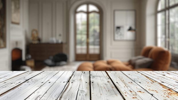 Empty wood table top with blur background of bedroom interior. The table giving copy space for placing advertising product on the table along with beautiful background.