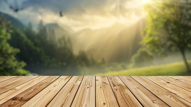 Empty wood table top with blur background of nature lush green forest. The table giving copy space for placing advertising product on the table along with beautiful green forest nature background.