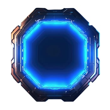 Abstract frame of mysterious geometric shape portal with digital style neon light reflecting set against dark tone background, create futuristic visual ideal for design science fiction cover. AIG35.