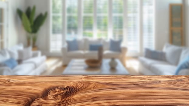 Empty wooden table top with a minimalist coastal living room blurred in the background, offering a spacious area for product advertisements.