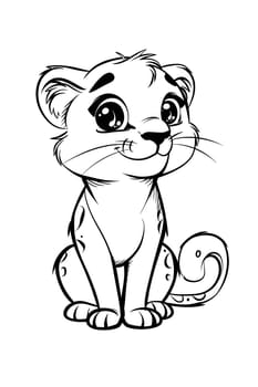 A monochromatic illustration of a lion cub showcasing detailed hair texture, nose, eye, paws, and a cute sitting gesture in a cartoon style