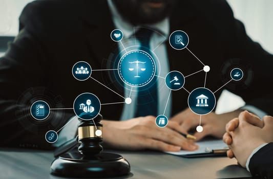 Smart law, legal advice icons and lawyer working tools in the lawyers office showing concept of digital law and online technology of savvy law and regulations .
