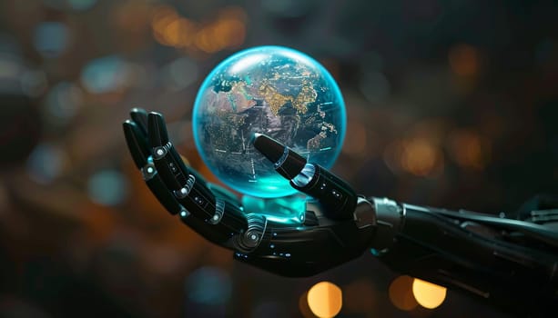 A robot is holding a globe in its hand by AI generated image.