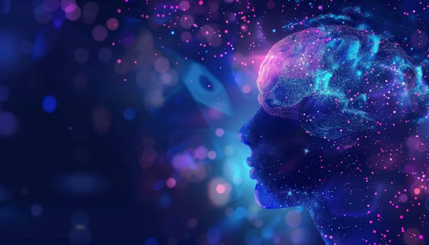 A person's head is shown in a blue and purple background with a lot of stars by AI generated image.