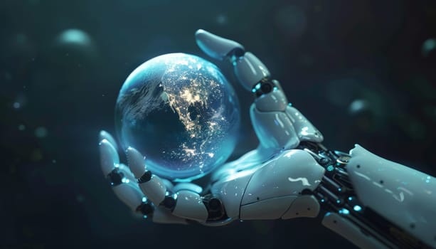 A robot is holding a globe in its hand by AI generated image.