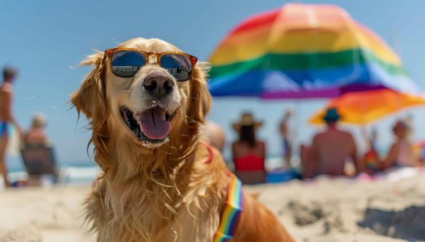 A dog wearing sunglasses and a rainbow collar is sitting on the beach by AI generated image.