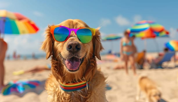 A dog wearing sunglasses and a rainbow collar is sitting on the beach by AI generated image.