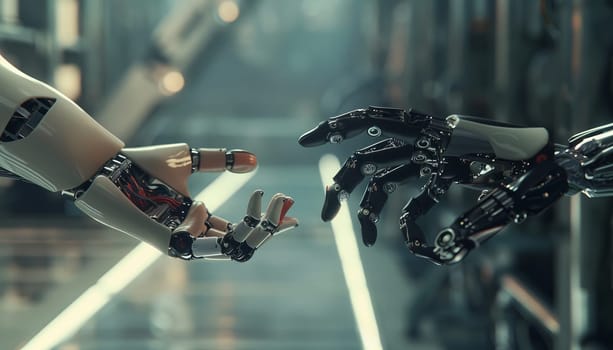 Two robotic hands are touching each other in a futuristic setting by AI generated image.