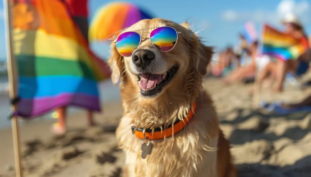 A dog wearing sunglasses and a rainbow collar is sitting on the beach by AI generated image.