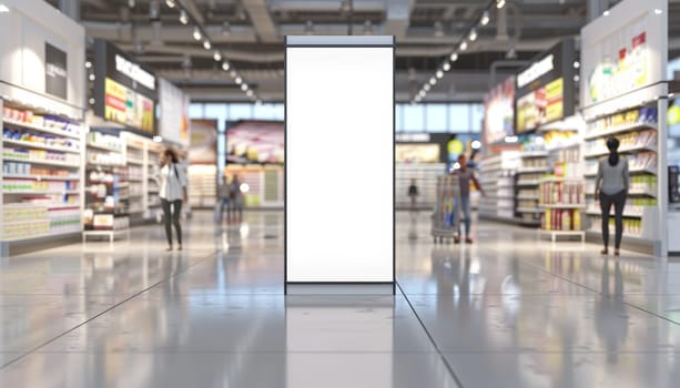 A large empty white billboard sits in the middle of a busy shopping mall by AI generated image.