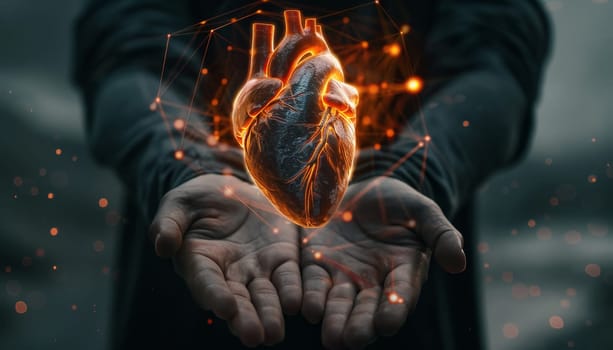 A person is holding a heart in their hands, surrounded by a network of lines by AI generated image.