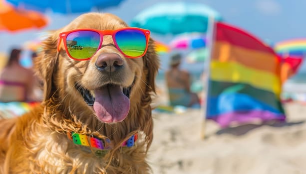 A dog wearing sunglasses and a rainbow collar is sitting on the beach by AI generated image.